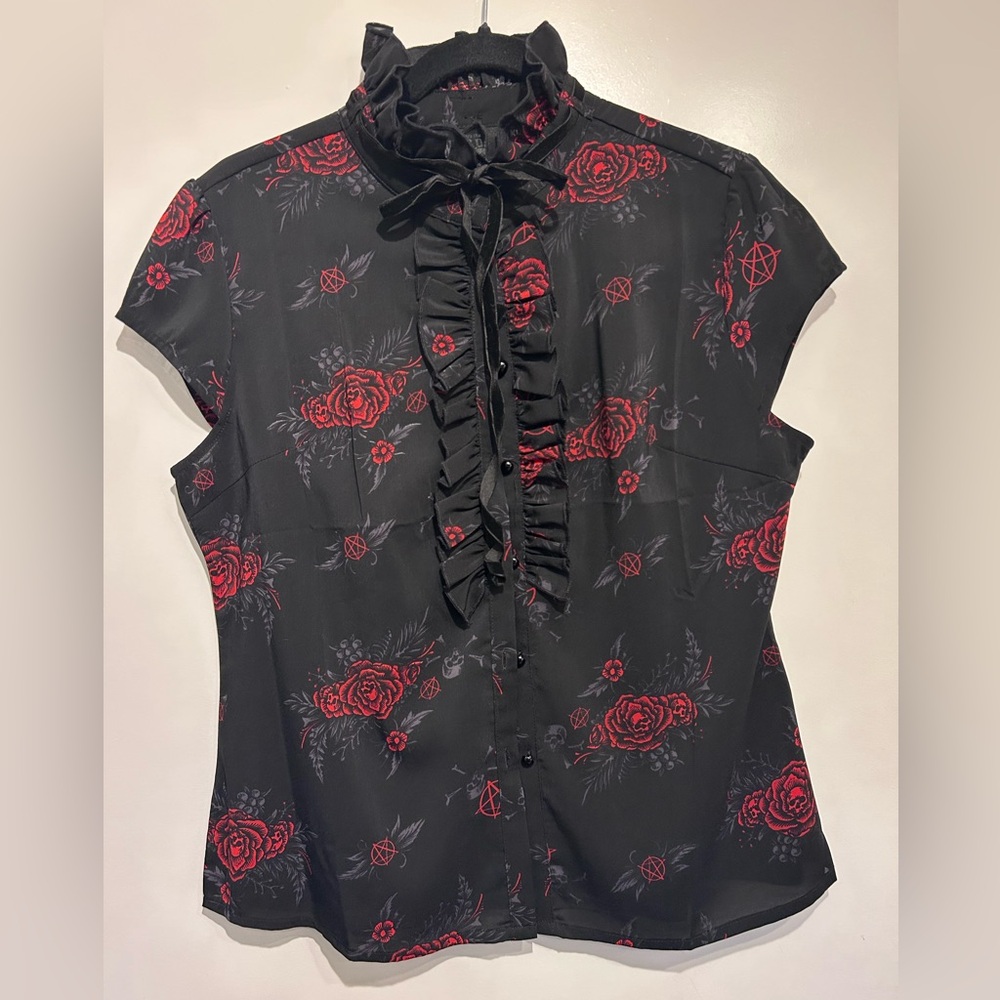Killstar Black & Red Floral Ruffle Blouse